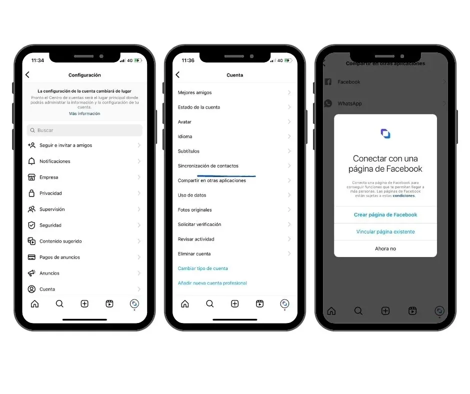 Captura de pantalla con los pasos para vincular instagram shopping con tu cuenta de Facebook