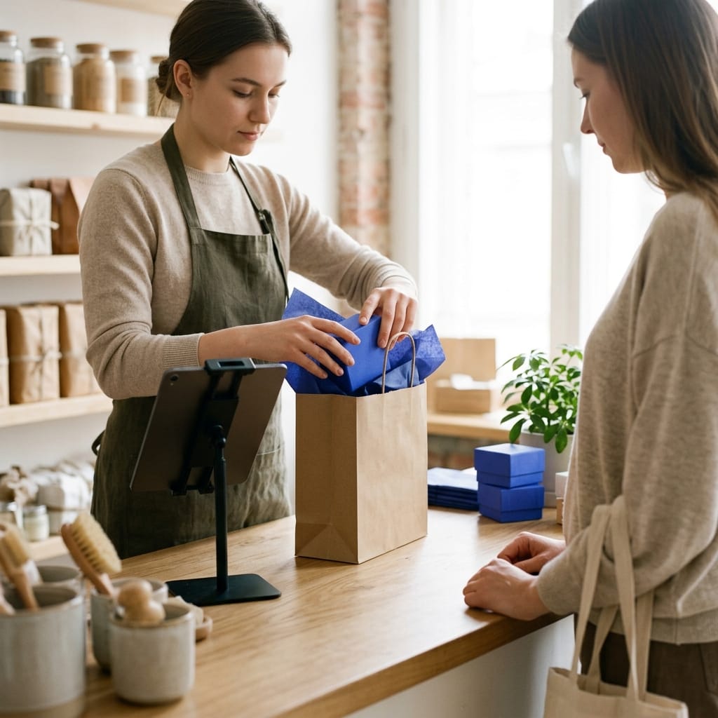 Dependienta atendiendo en el mostrador de una perfumería con productos de cosmética