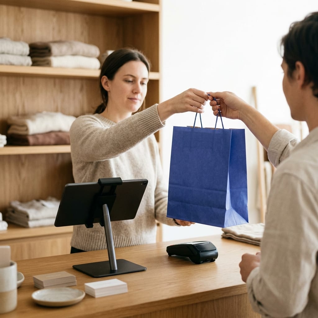 Vendedor consultando desde la caja si una lámpara está disponible en el almacén