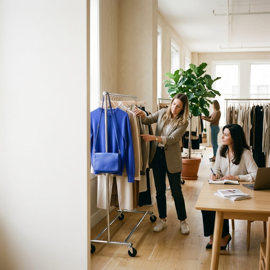 Agente comercial enseñando la colección a un cliente en el showroom mayorista