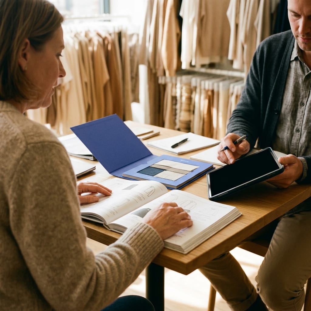 Cliente revisando referencias en el showroom antes de confirmar el pedido