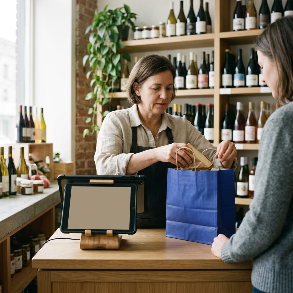 Responsable revisando el stock por lote en una tienda de alimentación