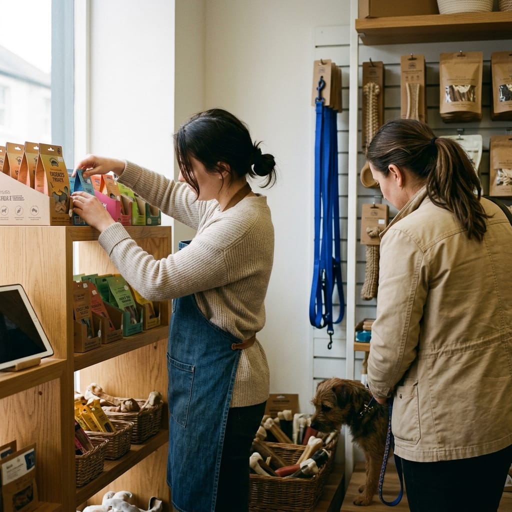 Responsable revisando el stock de pienso en una tienda de mascotas