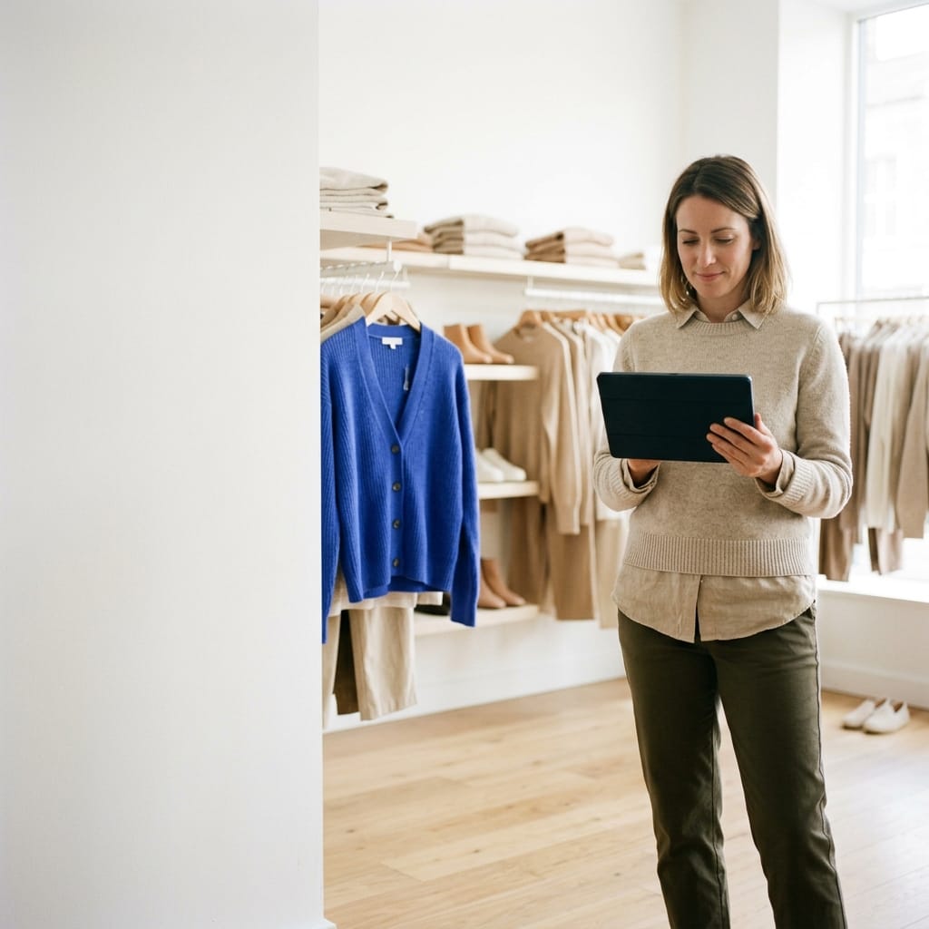 Responsable de tienda revisando el stock por talla en una boutique de moda