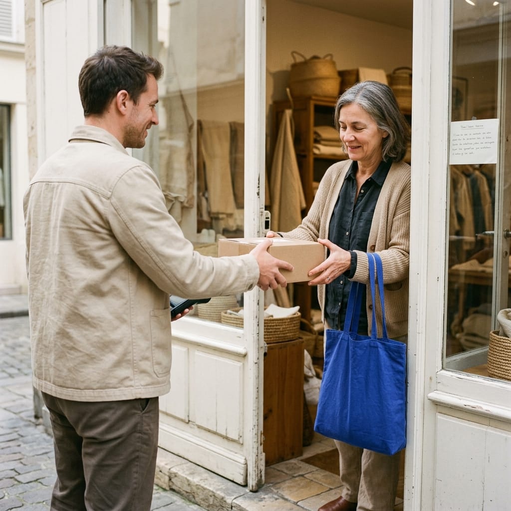 Repartidor entregando un paquete en la puerta del cliente
